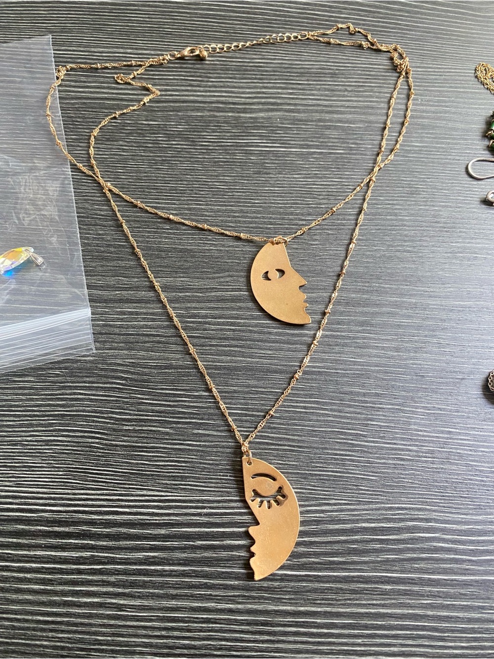 Gold Double-Layer Moon Face Pendant Necklace - Women Jewelry